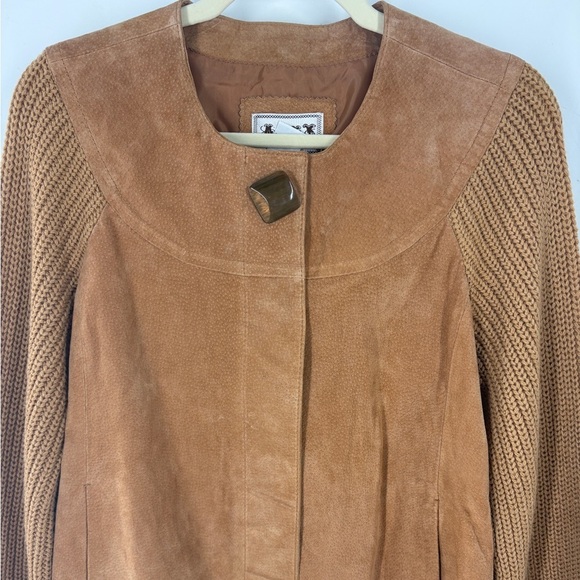 AMI Womens Suede Leather Jacket Size M Brown Hidden Snaps Knit Sleeves - Picture 2 of 9
